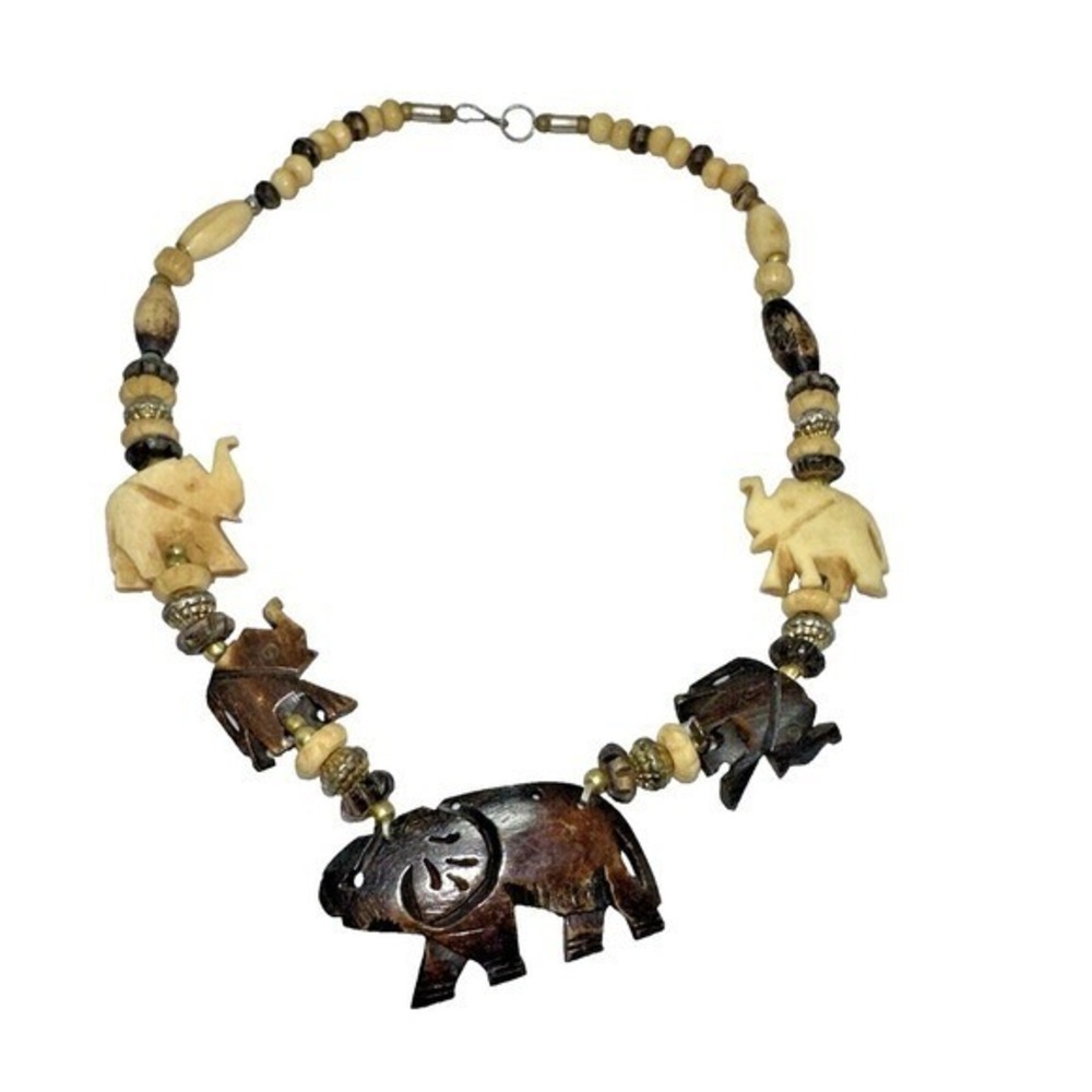 Elephant Necklace Wood Beaded Statement Boho Tribal Ethnic Jewelry